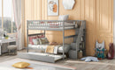 Full over Full Bunk Bed with Trundle and Staircase,Gray