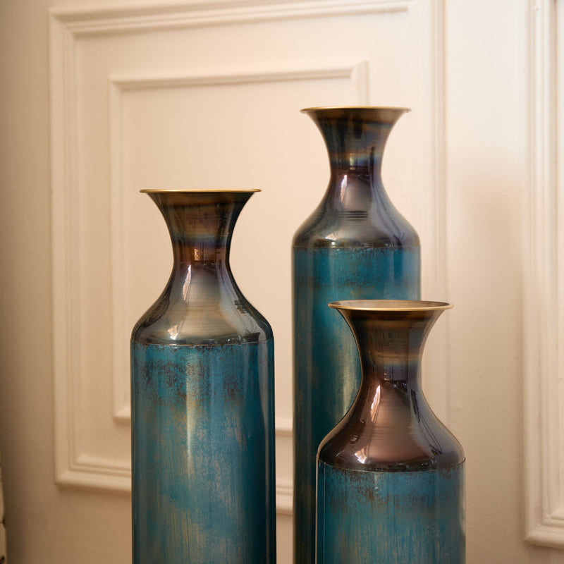 Modern Droplet Shaped Floor Vase Set, Glazed Metal Decorative Vases 3 Piece Home Decor - Aqua Blue