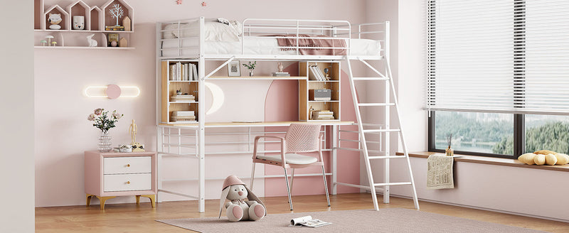 Twin Size Loft Bed with Desk and Shelf , Loft Bed with Ladder,Twin,White