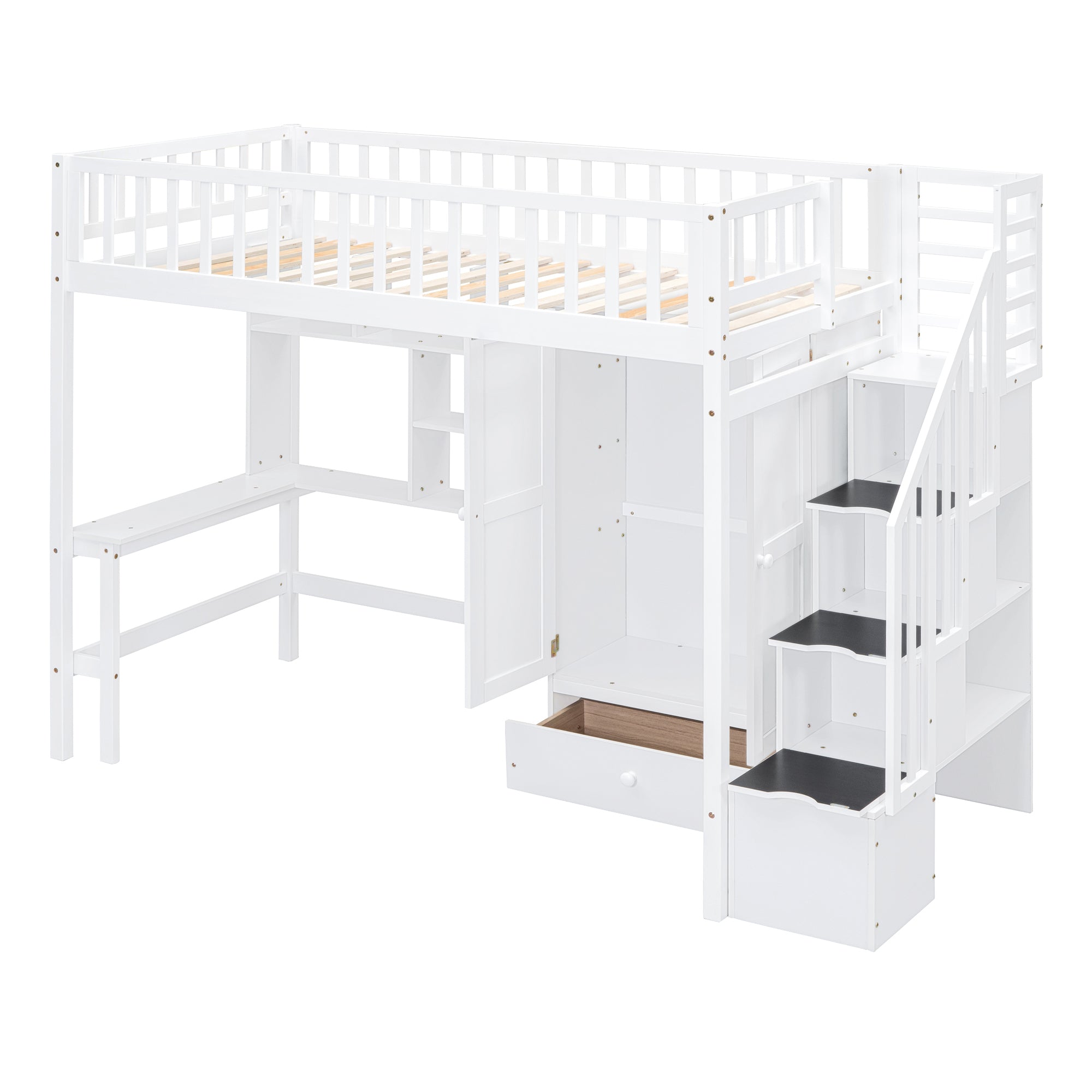 Twin size Loft Bed with Bookshelf,Drawers,Desk,and Wardrobe-White - Atlantic Fine Furniture Melbourne FL