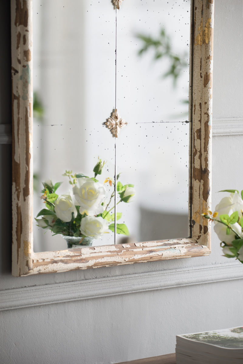 Large Framed Wall Mirror, Wood Arched Mirror With Decorative Window Look For Living Room, Bathroom, Entryway - Cream / Gold