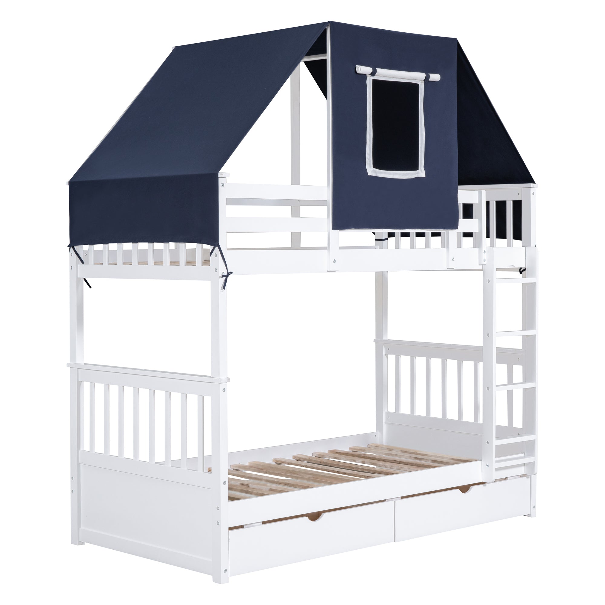 Twin Over Twin Bunk Bed Wood Bed with Tent and Drawers, White+Blue Tent - Atlantic Fine Furniture Melbourne FL