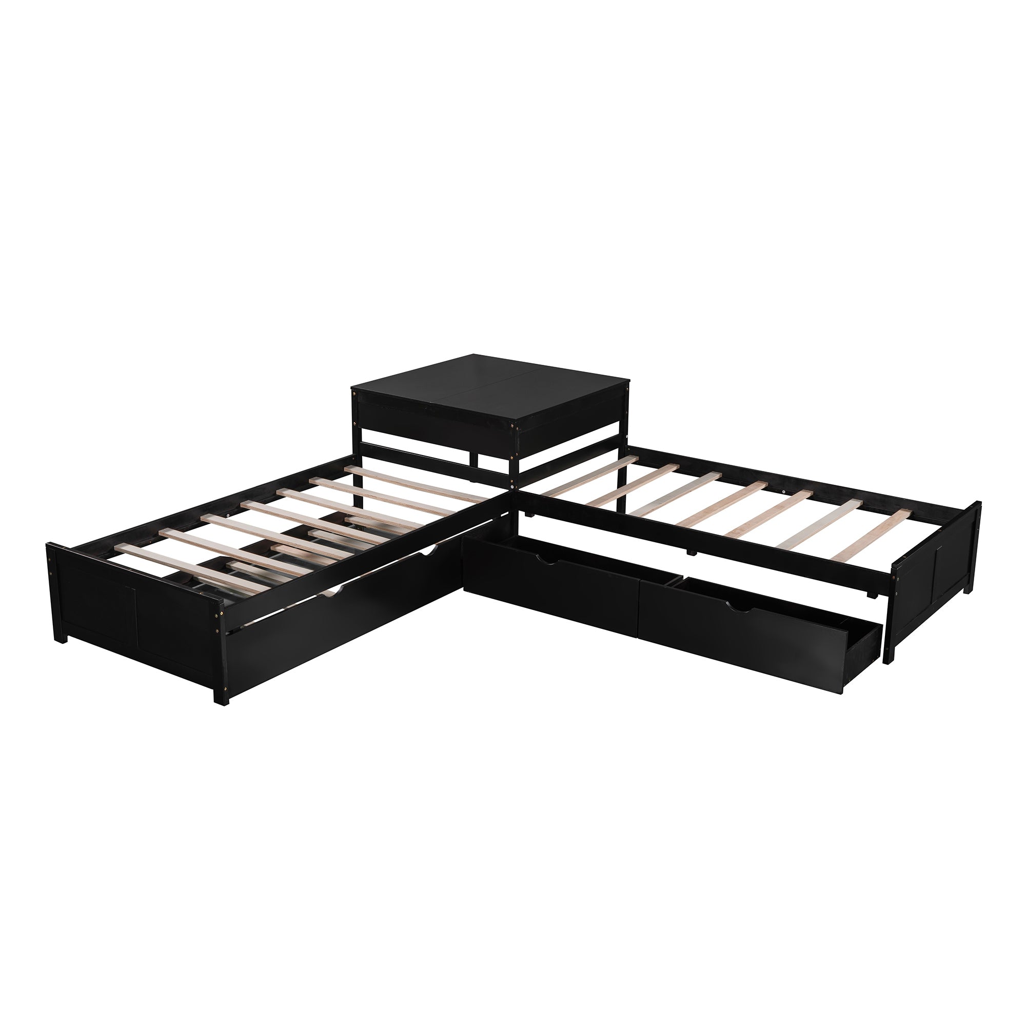 L-shaped Platform Bed with Trundle and Drawers Linked with built-in Desk,Twin,Espresso - Atlantic Fine Furniture Melbourne FL