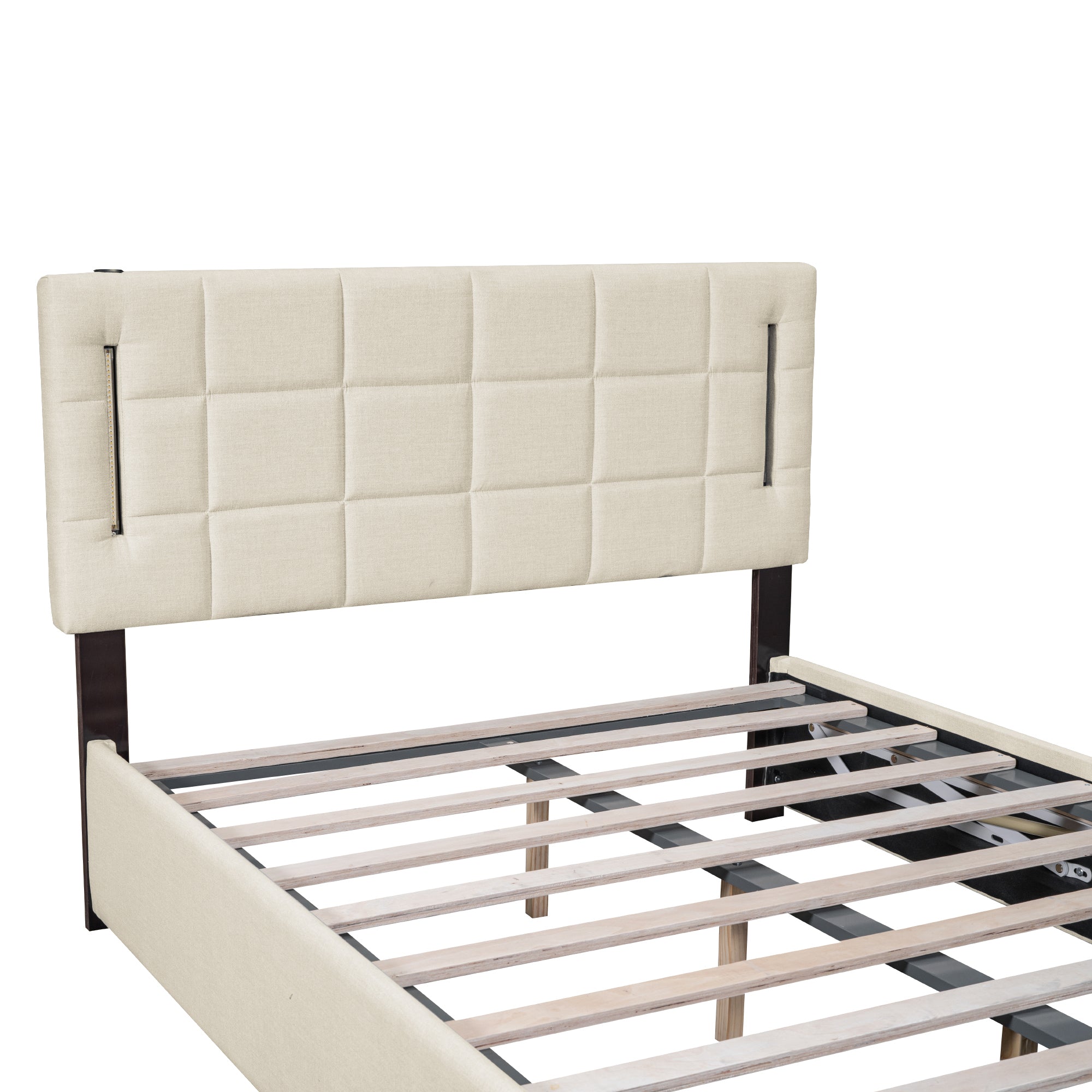 Full Size Upholstered Bed with Hydraulic Storage System and LED Light, Beige