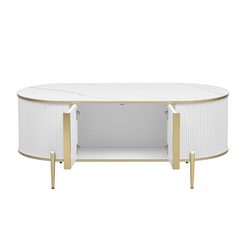 Modern Luxury Oval Shaped Fluted Coffee Table, Marble - Patterned Top Coffee Table With 2 Cabinets, Metal Legs And Handles For Living Room