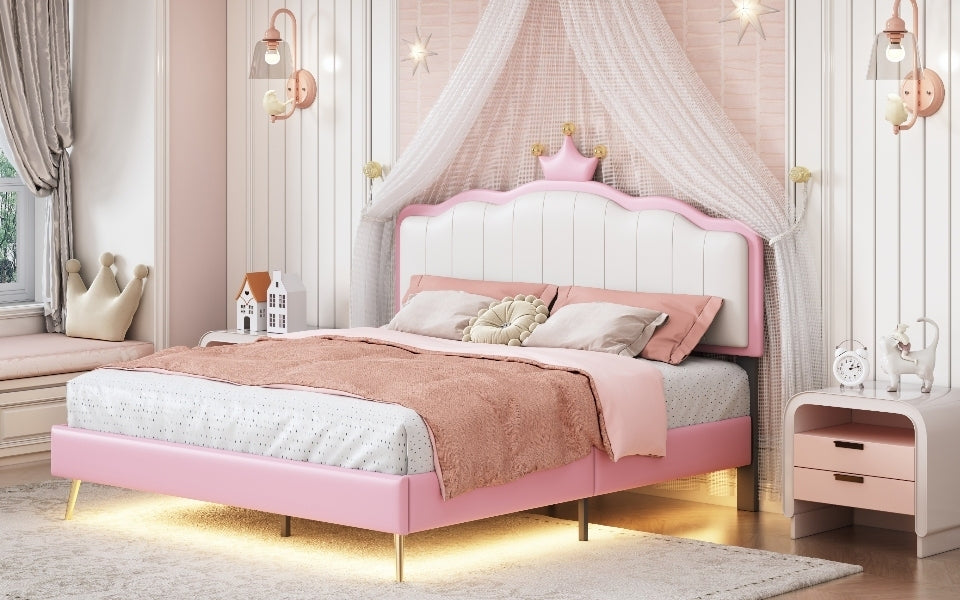Full size Upholstered Princess Bed With Crown Headboard,Full Size Platform Bed with Headboard and Footboard with Light Strips,Golden Metal Legs, White+Pink - Atlantic Fine Furniture Melbourne FL