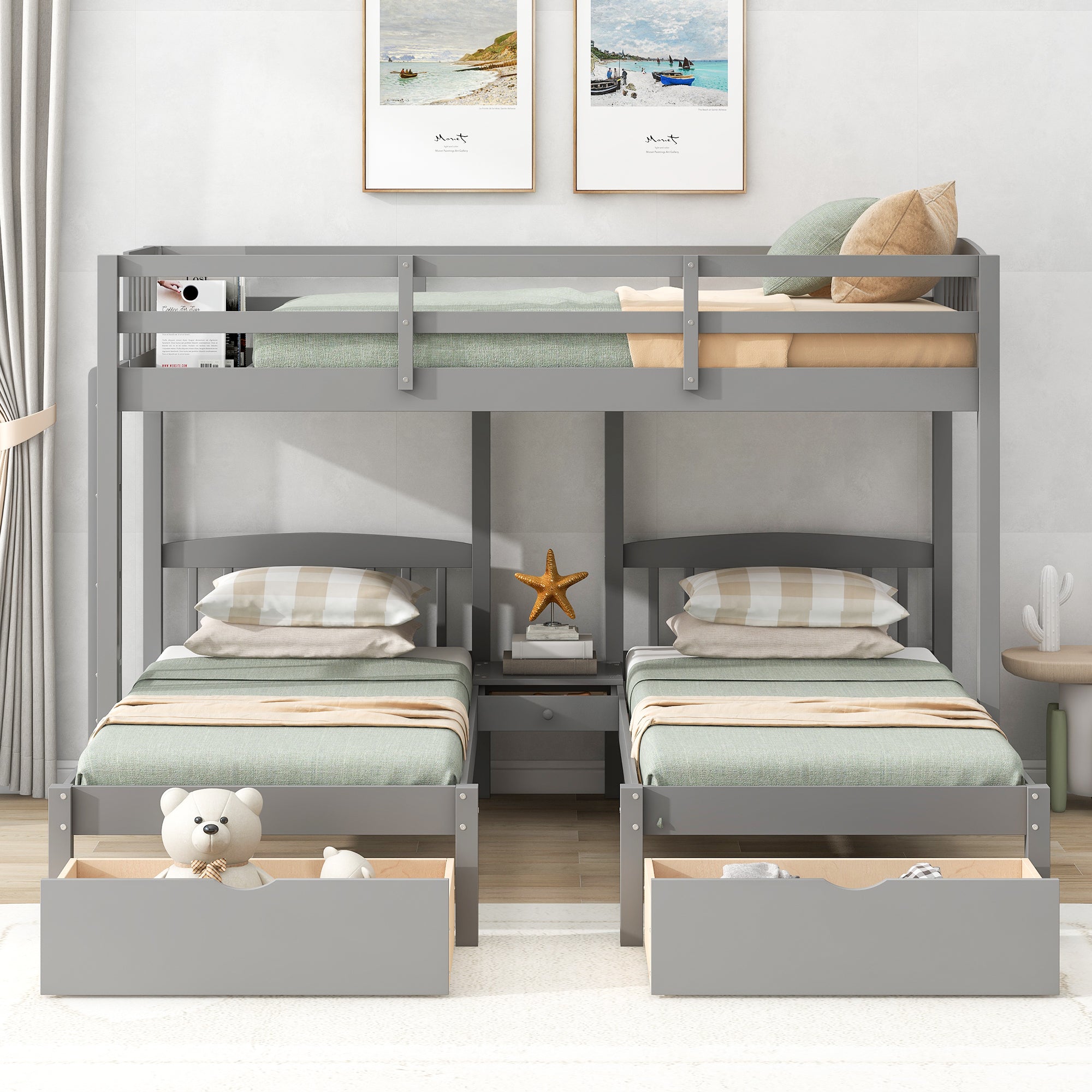 Twin over Twin & Twin Bunk Bed with Two Drawers and Built-in Middle Drawer, Gray - Atlantic Fine Furniture Melbourne FL