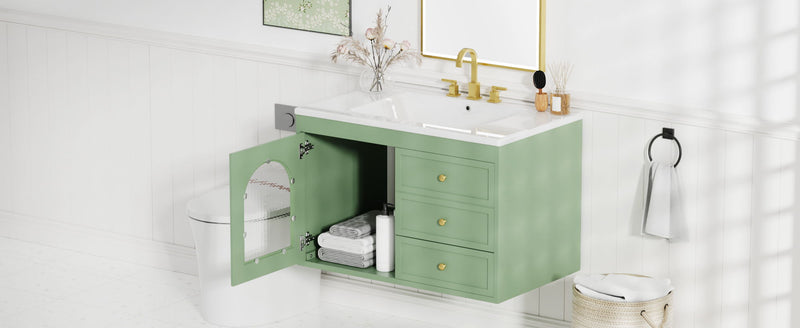 Elegant Floating Bathroom Vanity Sink And Cabinet Combo 1 Door And 2 Drawers - Green