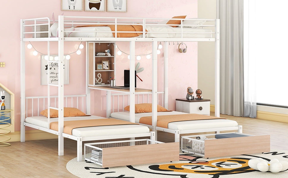 Full Over Twin & Twin Triple Bunk Bed with Drawers, Multi-functional Metal Frame Bed with desks and shelves in the middle, White - Atlantic Fine Furniture Melbourne FL