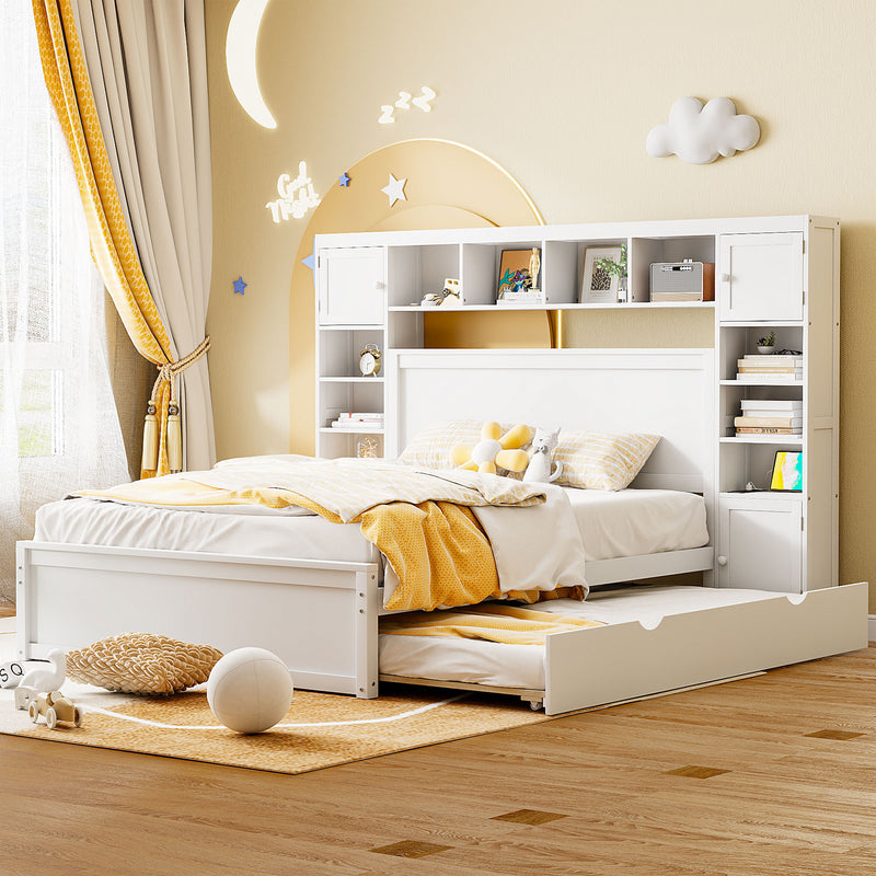 Queen Size Wooden Bed With All in One Cabinet Shelf and Sockets White Atlantic Fine Furniture Inc