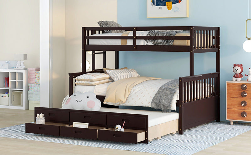 Twin-Over-Full Bunk Bed with Twin size Trundle , Separable Bunk Bed with Drawers for Bedroom - Espresso