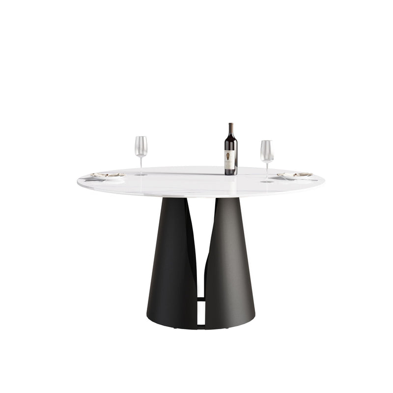 53.15" Modern Artificial Stone Round Carbon Steel Base Dining Table, Can Accommodate 6 People - White / Black