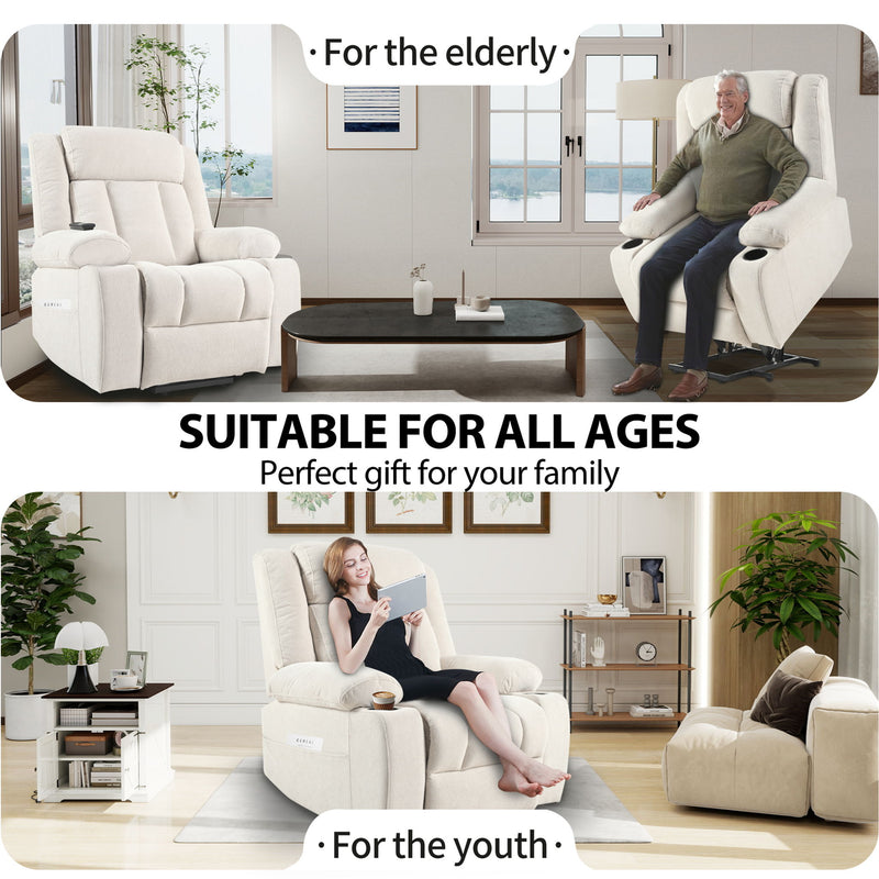 Power Lift Recliner Chair With Extended Footrest, Remote Control, Cup Holders, And Side Pockets