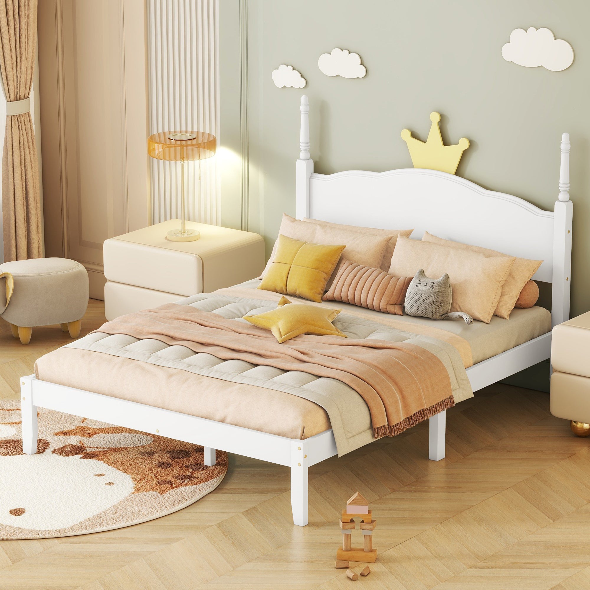 Full Size Wood Platform Bed with Crown Shaped Headboard, White - Atlantic Fine Furniture Melbourne FL