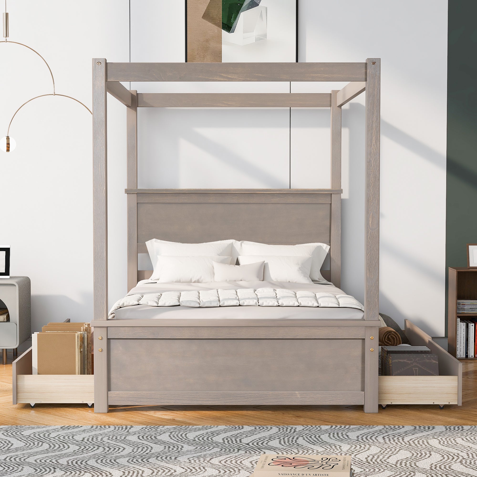 Wood Canopy Bed with four Drawers ,Full Size Canopy Platform Bed With Support Slats .No Box Spring Needed, Brushed Light Brown - Atlantic Fine Furniture Melbourne FL