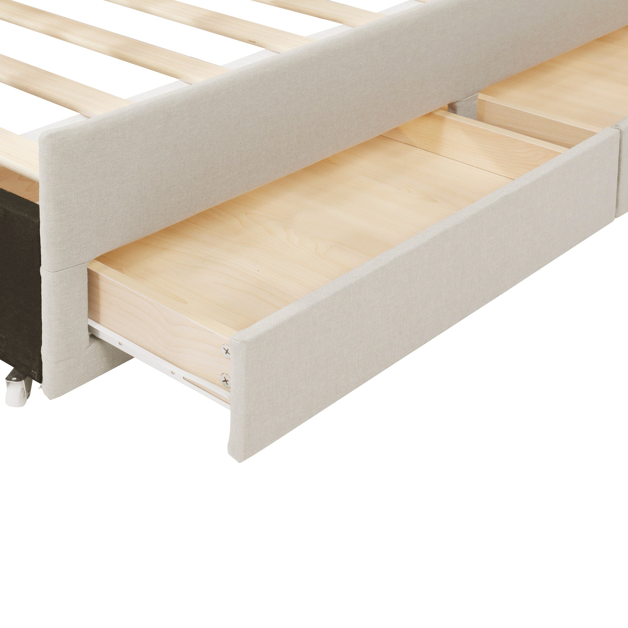 Twin Size Upholstered Platform Bed with Trundle and 3 Drawers, Linen Fabric, Beige - Atlantic Fine Furniture Melbourne FL