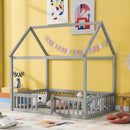 Full Size Wood House Bed with Fence and Door, Gray Wash