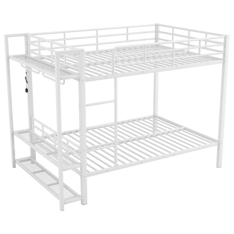 Bunk Bed With Storage Mesh Shelves, Clothes Hooks, LED Light