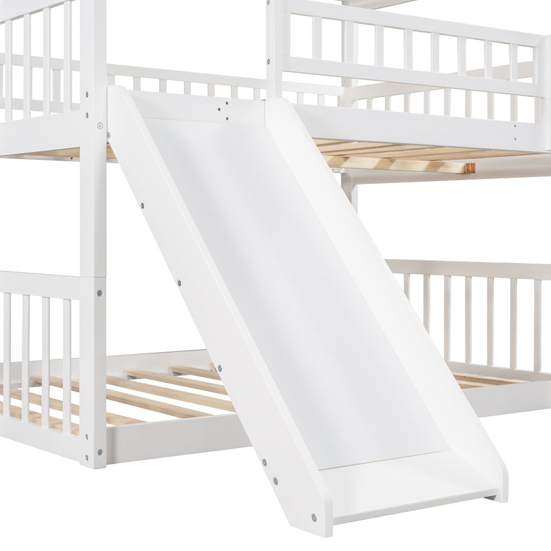 Full-Over-Full-Over-Full Triple Bed with Built-in Ladder and Slide , Triple Bunk Bed with Guardrails, White(OLD SKU :LP000052AAK)