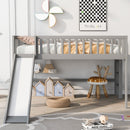 Full Size Low Loft Bed with Ladder and Slide,Gray