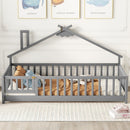 Twin House-Shaped Bedside Floor Bed with Guardrails, Slats, with Door,Grey