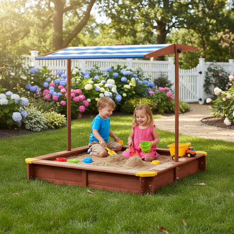 Kids Sandbox With Cover, Sand Box With Adjustable Canopy, Large Outdoor Cedar Sandpit For Backyard Play - Reddish Brown