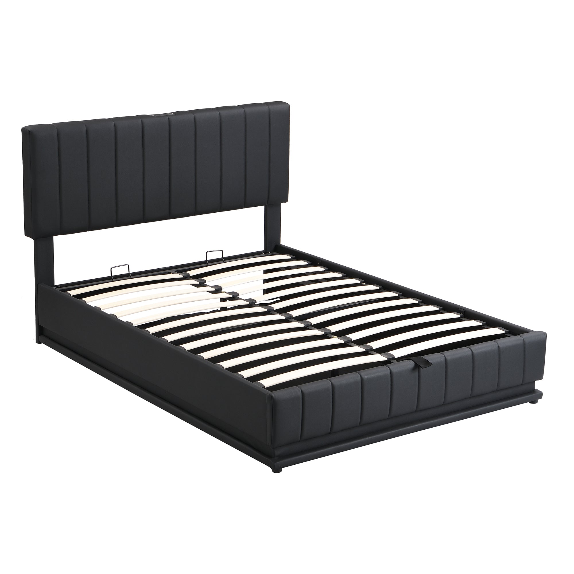 Full Size Upholstered Bed with Hydraulic Storage System and LED Light, Modern Platform Bed with Sockets and USB Ports, Black - Atlantic Fine Furniture Melbourne FL