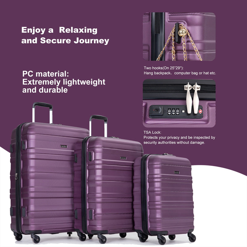 Expandable 3 Piece Luggage Sets Pc Lightweight & Durable Suitcase With Two Hooks, Spinner Wheels, Tsa Lock, (21/25/29) - Dark Purple