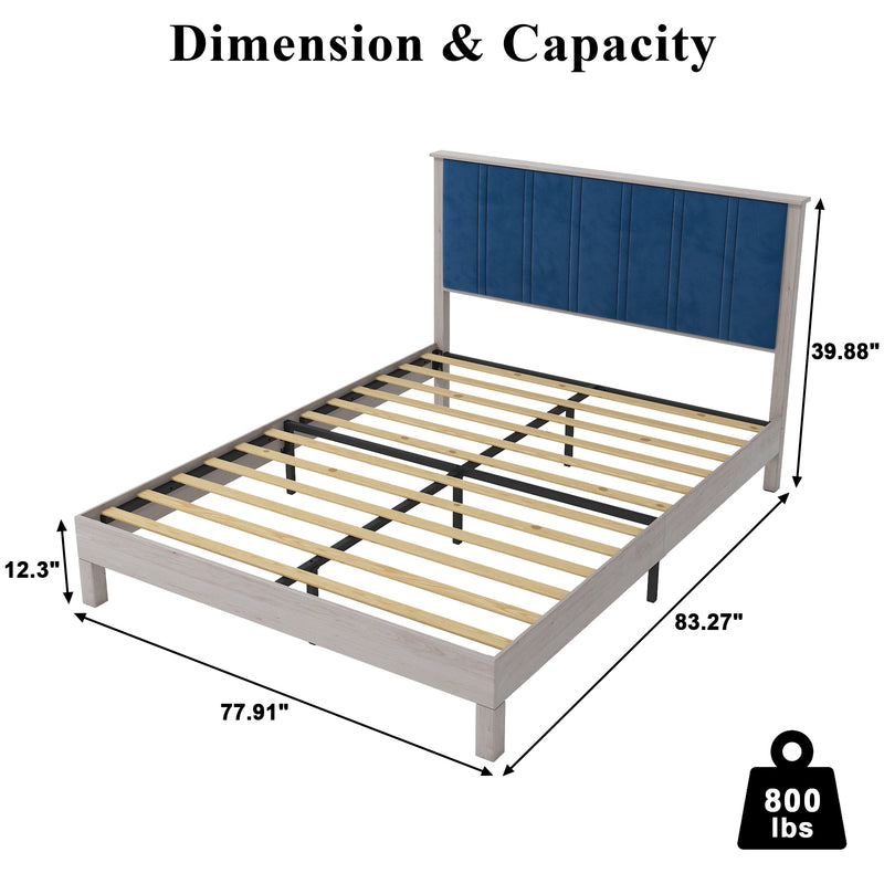 King Bed Frame, Wood with Wood Headboard Bed Frame with upholstered headboard /  Wood Foundation with Wood Slat Support / No Box Spring Needed / Easy Assembly