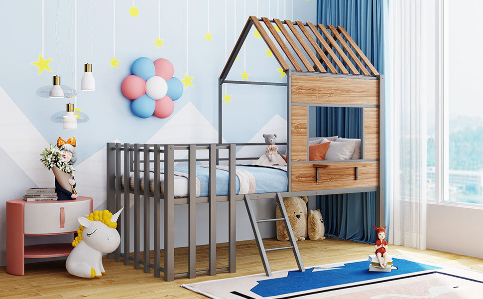 Metal Twin size Loft Bed with Roof, Window, Guardrail, Ladder Silver - Atlantic Fine Furniture Melbourne FL