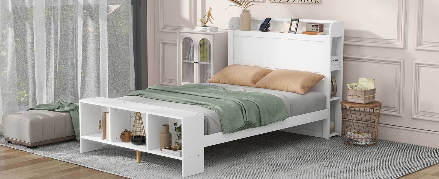 Full Size Platform Bed with built-in shelves, LED Light and USB ports, White - Atlantic Fine Furniture Melbourne FL