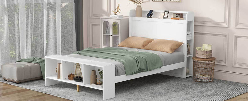 Full Size Platform Bed with built-in shelves, LED Light and USB ports, White