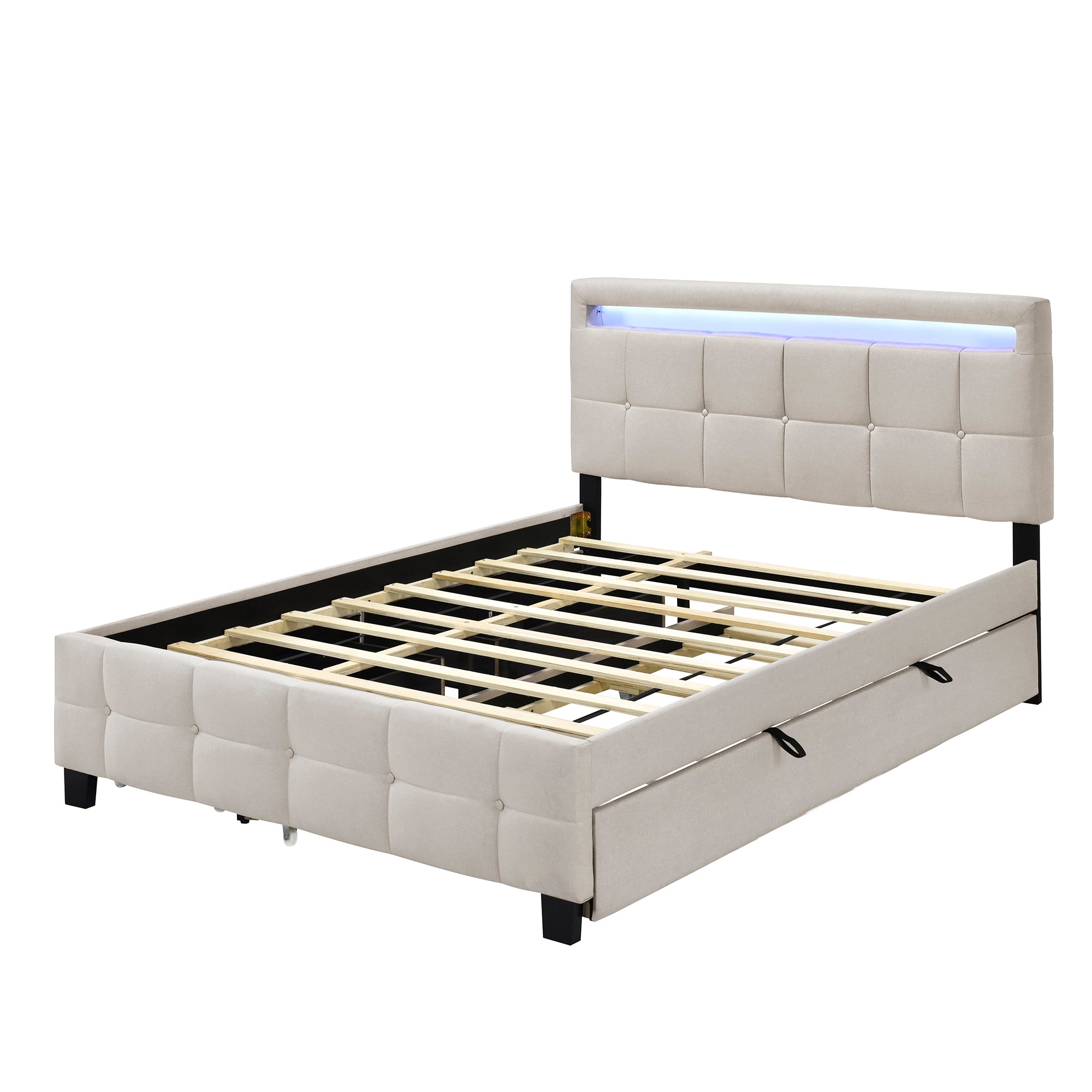 Queen Size Upholstered Platform Bed with LED Frame, with Twin XL Size Trundle and 2 drawers, Linen Fabric, Beige - Atlantic Fine Furniture Melbourne FL