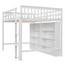 Full Size Loft Bed with 8 Open Storage Shelves and Built-in Ladder, White