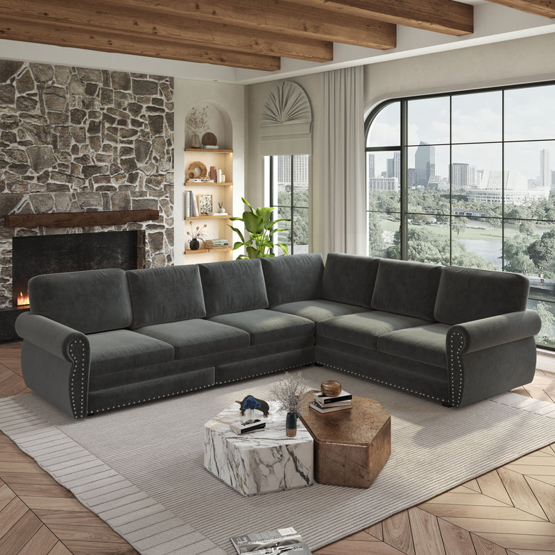 L-Shaped Sofa Couch With Pull Out Bed With Nailhead Trim & Rolled Arm, Sectional Couches, For Living Room - Dark Gray