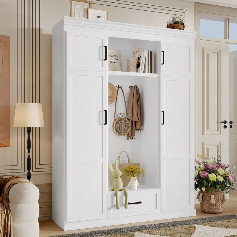 Hall Tree With Bench And 3 Hooks, Modern Entryway Storage Organizer Cabinet With 4 Doors, 1 Drawer And Adjustable Shelves