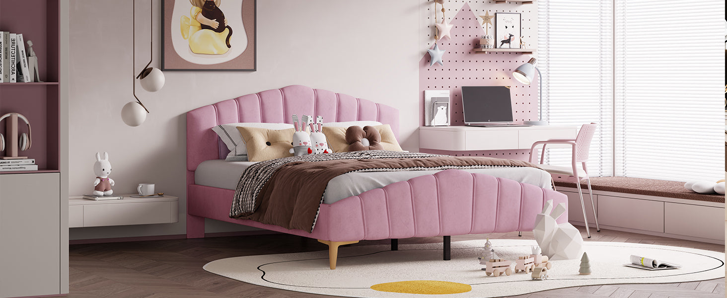 Queen Size Velvet Platform Bed with Thick Fabric, Stylish Stripe Decorated Bedboard and Elegant Metal Bed Leg, Pink - Atlantic Fine Furniture Melbourne FL