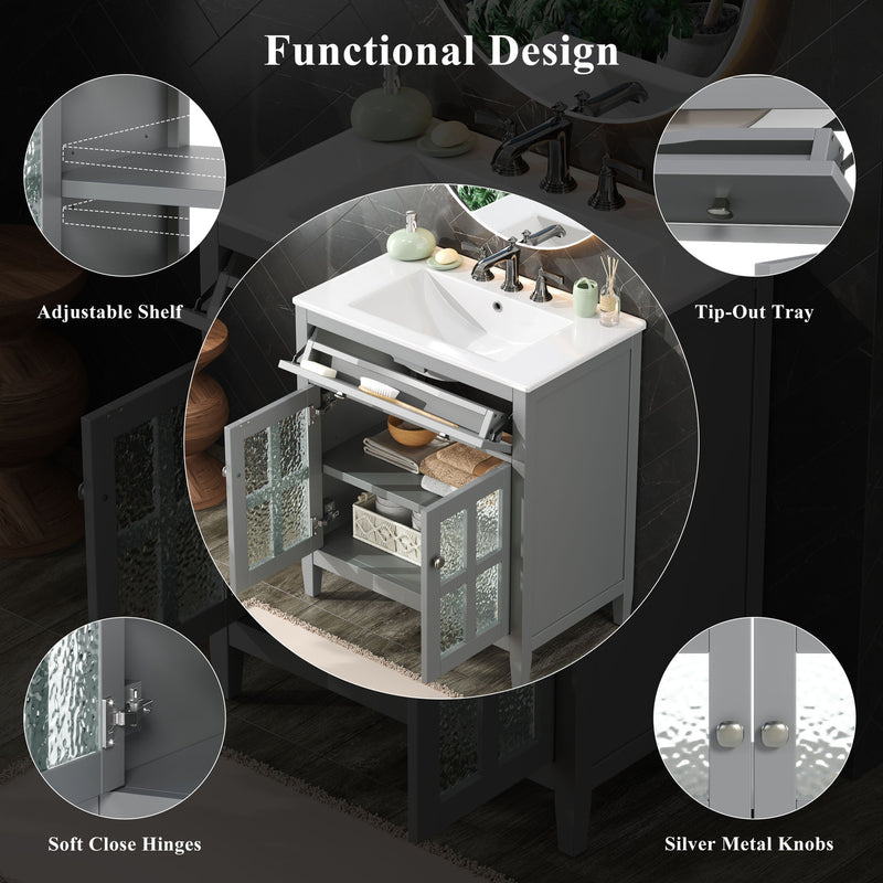 Bathroom Vanity With Ceramic Sink, Adjustable Shelf & Tip Out Tray