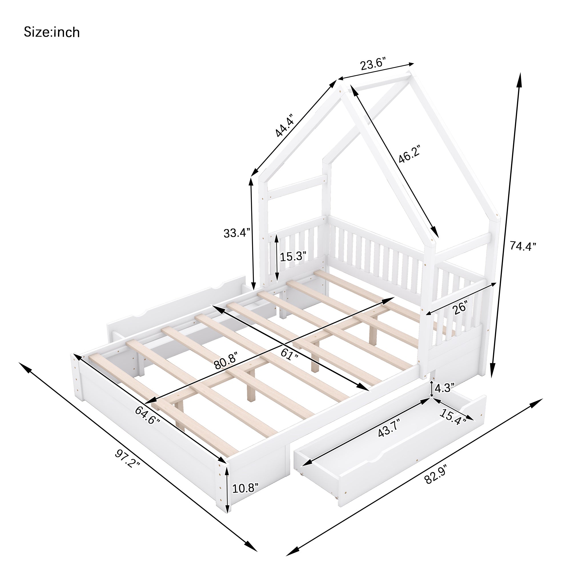 Wood Queen Size House Platform Bed with Guardrail and 2 Drawers, White (Expected Arrival Time:4.26) - Atlantic Fine Furniture Melbourne FL
