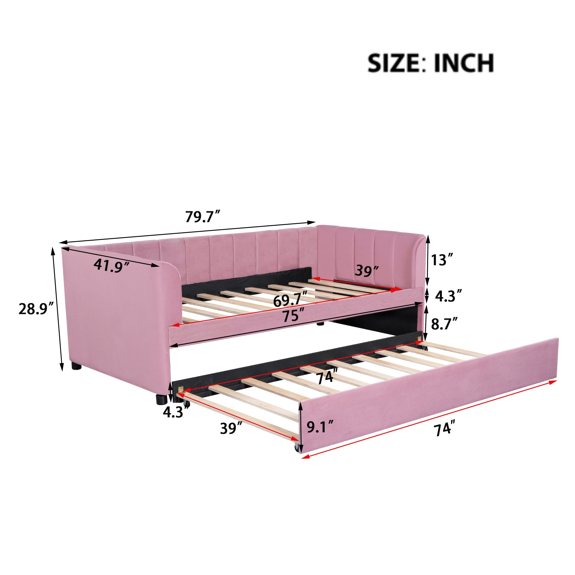 Twin Size Upholstered Daybed with Ergonomic Design Backrest and Trundle, Pink - Atlantic Fine Furniture Melbourne FL