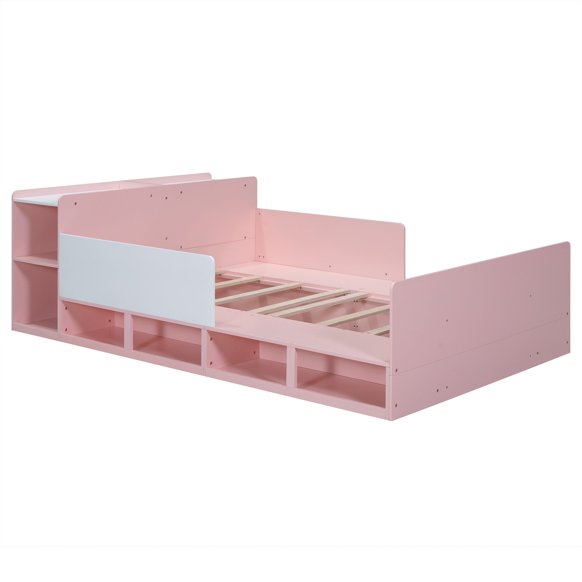 Wood Full Size Platform Bed with Storage Headboard, Guardrails and 4 Underneath Cabinets, Pink - Atlantic Fine Furniture Melbourne FL