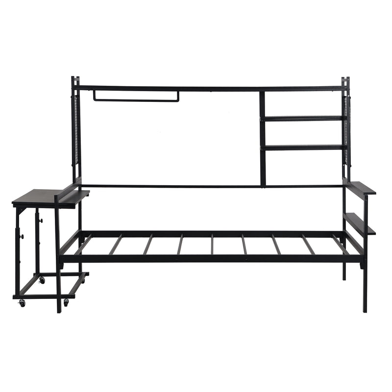 Daybed With Movable Desk, Grid, Shelves And Clothes Hanger