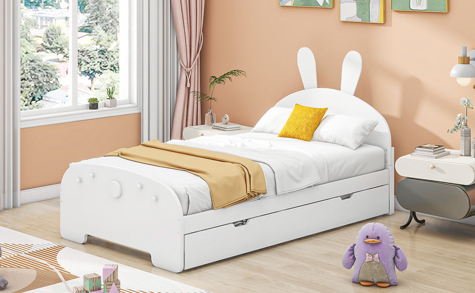 Wood Twin Size Platform Bed with Cartoon Ears Shaped Headboard and Trundle, White - Atlantic Fine Furniture Melbourne FL