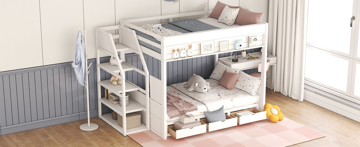 Wood Full Size Convertible Bunk Bed with Storage Staircase, Bedside Table, and 3 Drawers, White - Atlantic Fine Furniture Melbourne FL