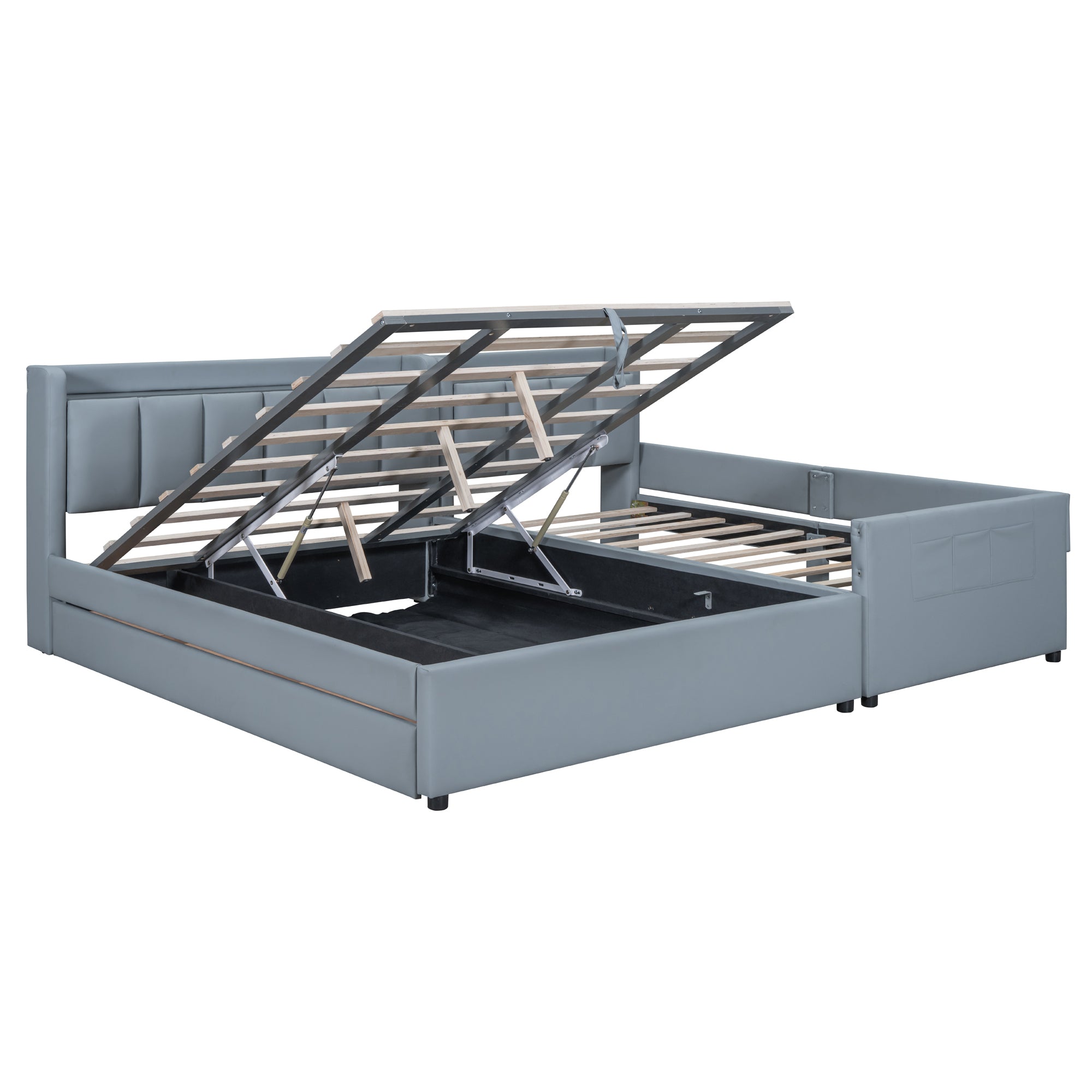 Queen Size & Twin XL Size Upholstered Platform Bed, Mother & Child Bed with Hydraulic Storage System, Drawer Box, Bedhead storage shelf and Two pairs of sockets & USB Ports, PU Leather, Gray - Atlantic Fine Furniture Melbourne FL