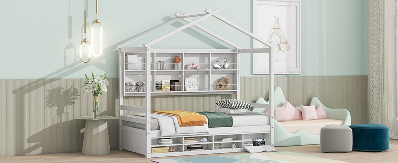 House Bed With Roof Frame, Bedside-Shelves, Under Bed Storage Unit