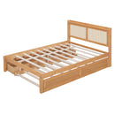 Full Size Elegant Bed Frame with Rattan Headboard and Sockets ,Walnut