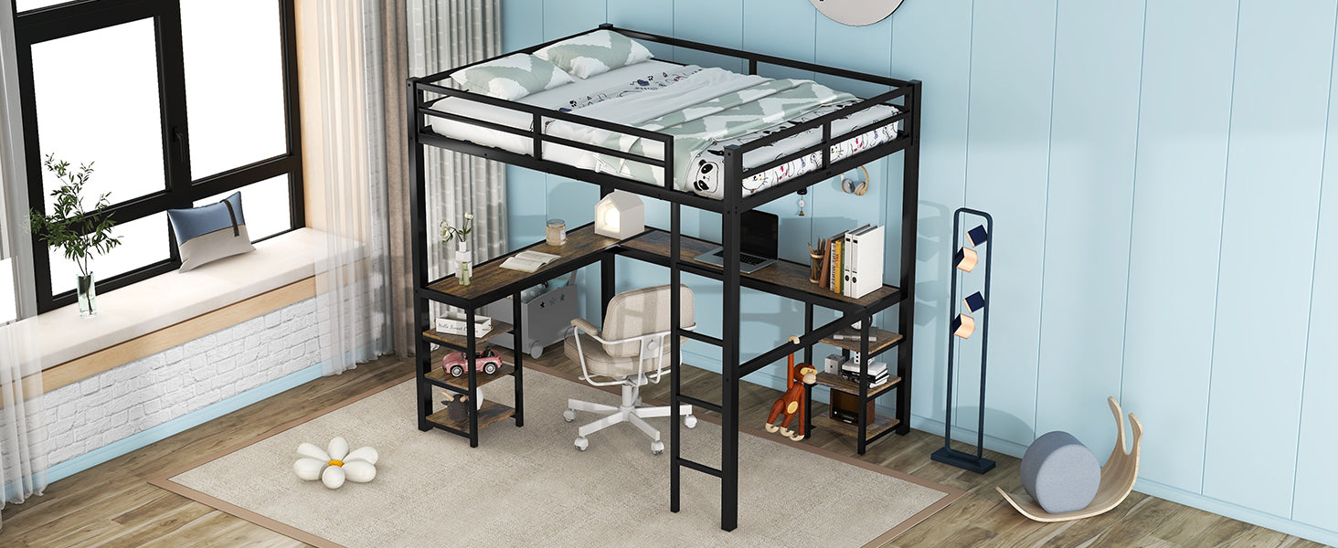 Full Metal Loft Bed with Desk and Shelves, Loft Bed with Ladder and Guardrails, Loft Bed Frame for Bedroom, Black (Old SKU: W1307S00016) (Pre-sale date: 2024/3/7.)