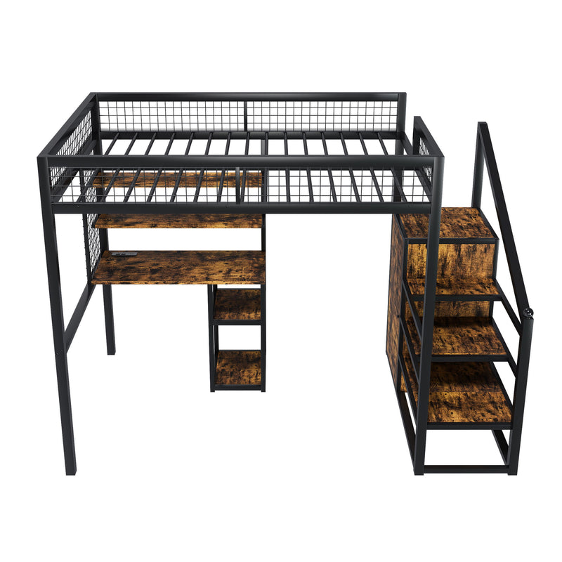 Full Size Loft Bed With Desk & Wardrobe Heavy Frame, Built In Staircase, Storage Rack & Shelves Gaming Bed - Black