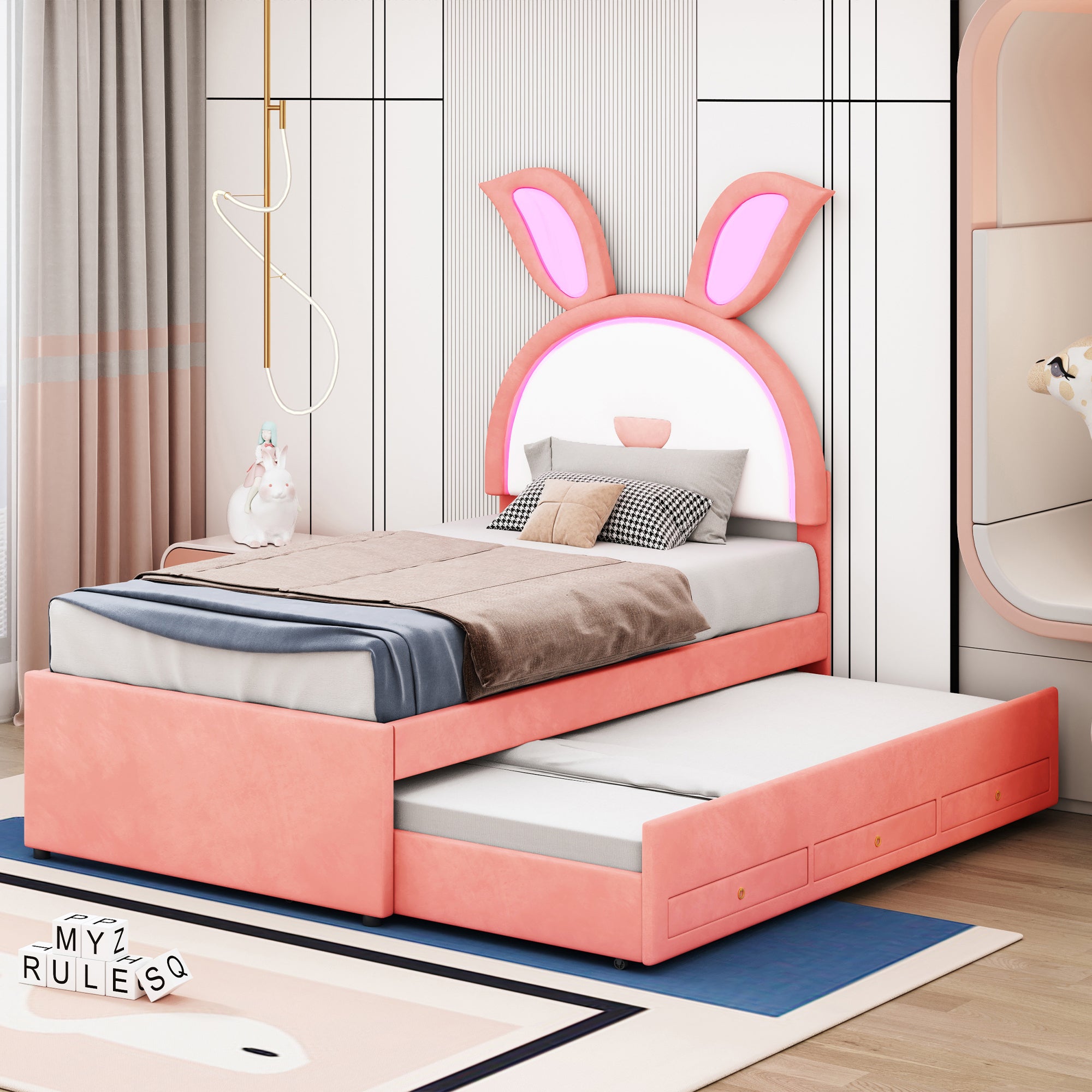 Twin Size Upholstered Platform Bed with Trundle and 3 Drawers, Rabbit-Shaped Headboard with Embedded LED Lights, Pink - Atlantic Fine Furniture Melbourne FL